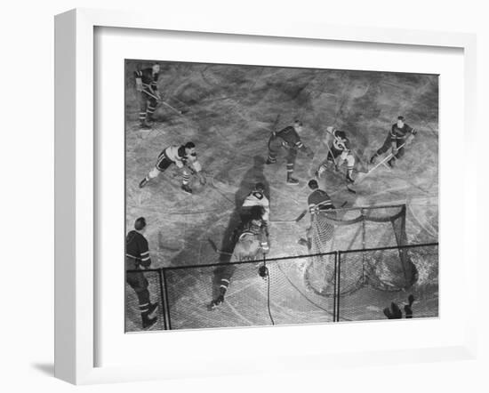 NY Rangers' Goal is Characteristic of Chicago Black Hawks Style of Attack in Ice Hockey Game-Frank Scherschel-Framed Premium Photographic Print