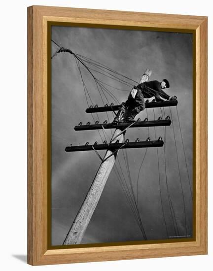 NY Telephone Co. Lineman Wallace Burdick Repairs Telephone Lines Between Valhalla and Brewster-Margaret Bourke-White-Framed Premier Image Canvas