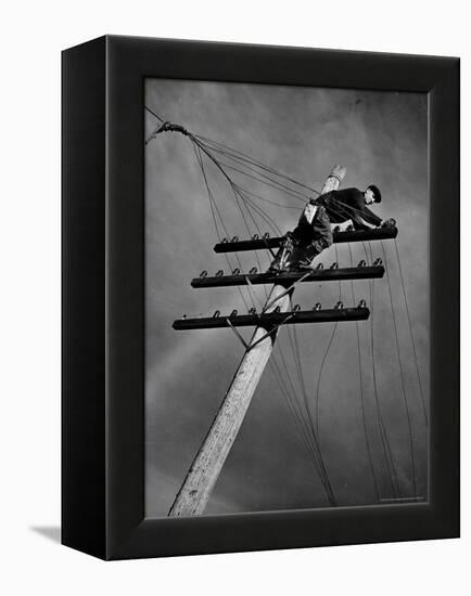 NY Telephone Co. Lineman Wallace Burdick Repairs Telephone Lines Between Valhalla and Brewster-Margaret Bourke-White-Framed Premier Image Canvas