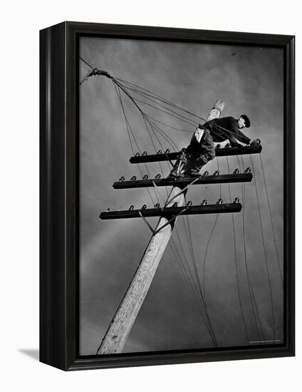 NY Telephone Co. Lineman Wallace Burdick Repairs Telephone Lines Between Valhalla and Brewster-Margaret Bourke-White-Framed Premier Image Canvas