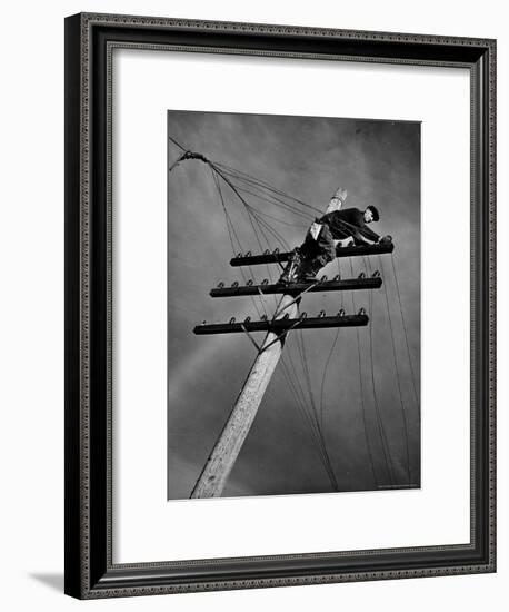 NY Telephone Co. Lineman Wallace Burdick Repairs Telephone Lines Between Valhalla and Brewster-Margaret Bourke-White-Framed Premium Photographic Print