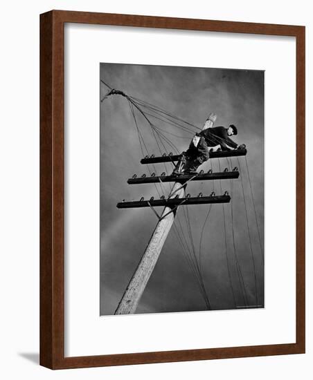 NY Telephone Co. Lineman Wallace Burdick Repairs Telephone Lines Between Valhalla and Brewster-Margaret Bourke-White-Framed Premium Photographic Print