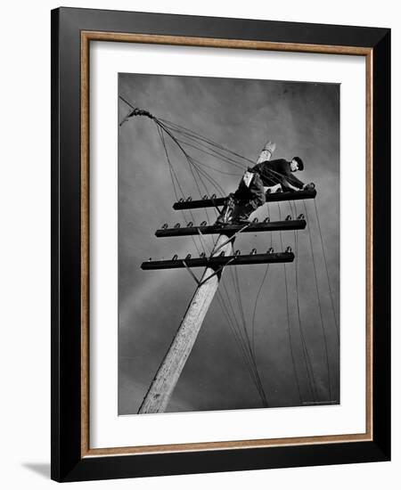 NY Telephone Co. Lineman Wallace Burdick Repairs Telephone Lines Between Valhalla and Brewster-Margaret Bourke-White-Framed Premium Photographic Print