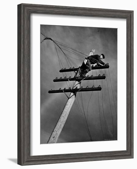 NY Telephone Co. Lineman Wallace Burdick Repairs Telephone Lines Between Valhalla and Brewster-Margaret Bourke-White-Framed Photographic Print