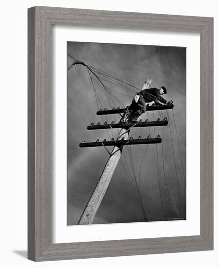 NY Telephone Co. Lineman Wallace Burdick Repairs Telephone Lines Between Valhalla and Brewster-Margaret Bourke-White-Framed Photographic Print