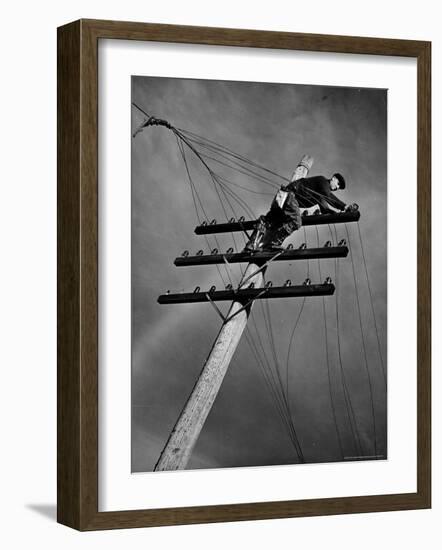 NY Telephone Co. Lineman Wallace Burdick Repairs Telephone Lines Between Valhalla and Brewster-Margaret Bourke-White-Framed Photographic Print