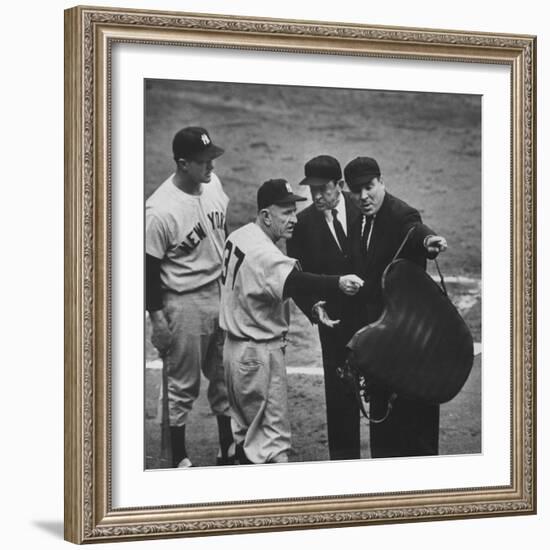 NY Yankee Manager Casey Stengel Arguing with Umpire in World Series at Ebbetts Field-Ralph Morse-Framed Premium Photographic Print