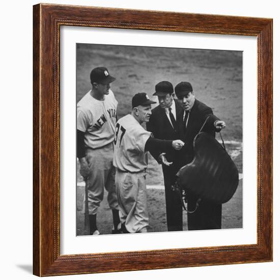 NY Yankee Manager Casey Stengel Arguing with Umpire in World Series at Ebbetts Field-Ralph Morse-Framed Premium Photographic Print