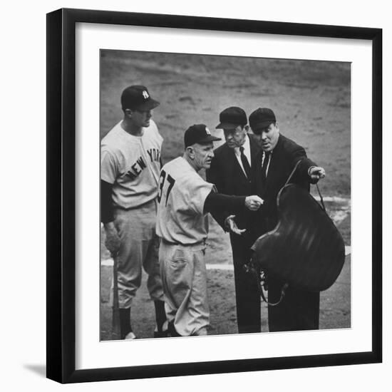 NY Yankee Manager Casey Stengel Arguing with Umpire in World Series at Ebbetts Field-Ralph Morse-Framed Premium Photographic Print