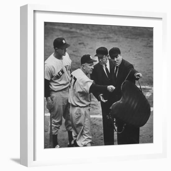 NY Yankee Manager Casey Stengel Arguing with Umpire in World Series at Ebbetts Field-Ralph Morse-Framed Premium Photographic Print
