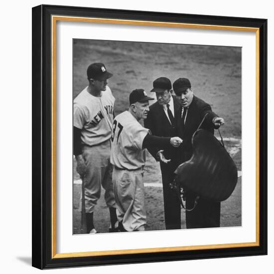 NY Yankee Manager Casey Stengel Arguing with Umpire in World Series at Ebbetts Field-Ralph Morse-Framed Premium Photographic Print