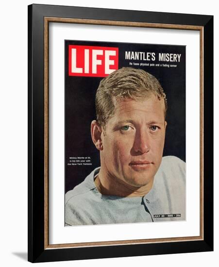 NY Yankee Slugger Mickey Mantle, July 30, 1965-John Dominis-Framed Photographic Print