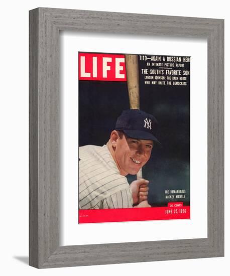 NY Yankee Slugger Mickey Mantle, June 25, 1956-null-Framed Photographic Print