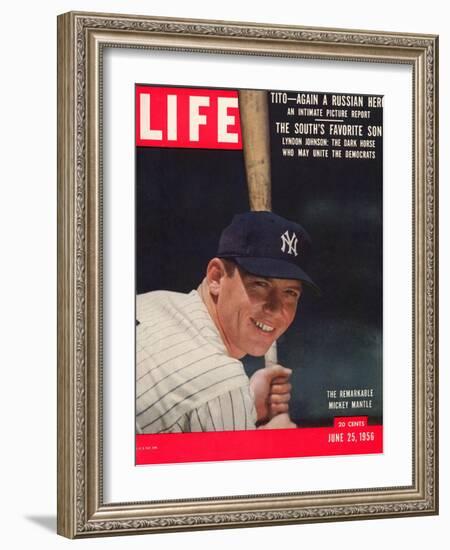 NY Yankee Slugger Mickey Mantle, June 25, 1956-null-Framed Photographic Print