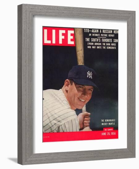 NY Yankee Slugger Mickey Mantle, June 25, 1956-null-Framed Photographic Print