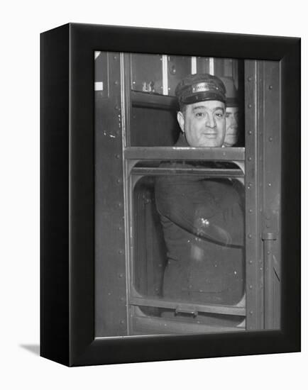 Nyc Mayor Fiorello Laguardia Wearing Motorman's Cap and Looking Out Window on Subway-null-Framed Premier Image Canvas