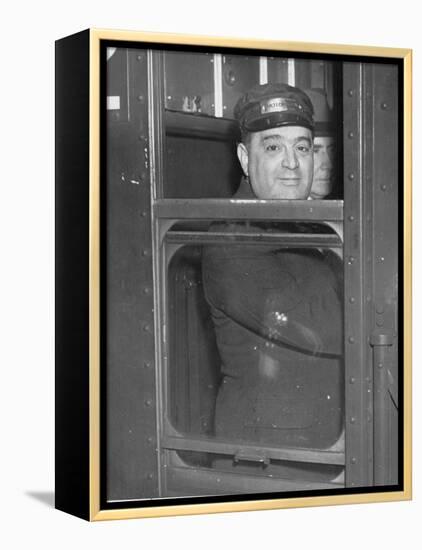 Nyc Mayor Fiorello Laguardia Wearing Motorman's Cap and Looking Out Window on Subway-null-Framed Premier Image Canvas
