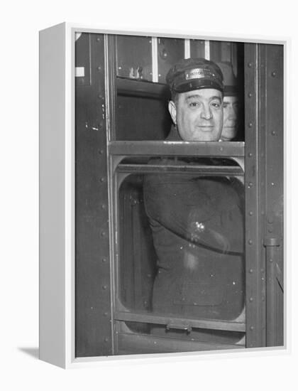 Nyc Mayor Fiorello Laguardia Wearing Motorman's Cap and Looking Out Window on Subway-null-Framed Premier Image Canvas