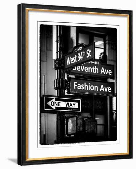 NYC Street Signs in Manhattan by Night - 34th Street, Seventh Avenue and Fashion Avenue Signs-Philippe Hugonnard-Framed Photographic Print