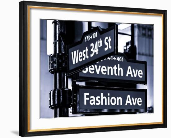 NYC Street Signs in Manhattan by Night - 34th Street, Seventh Avenue and Fashion Avenue Signs-Philippe Hugonnard-Framed Photographic Print