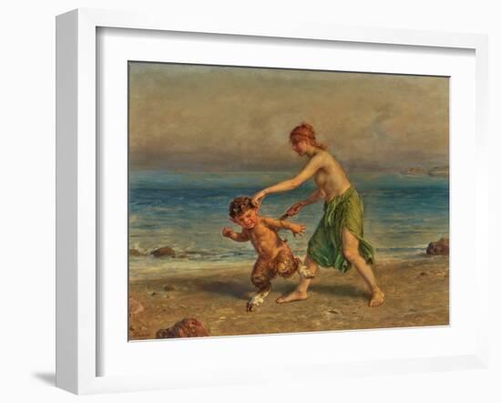 Nymph and Little Satyr on the Beach, 1907 (Oil)-Ludwig Knaus-Framed Giclee Print