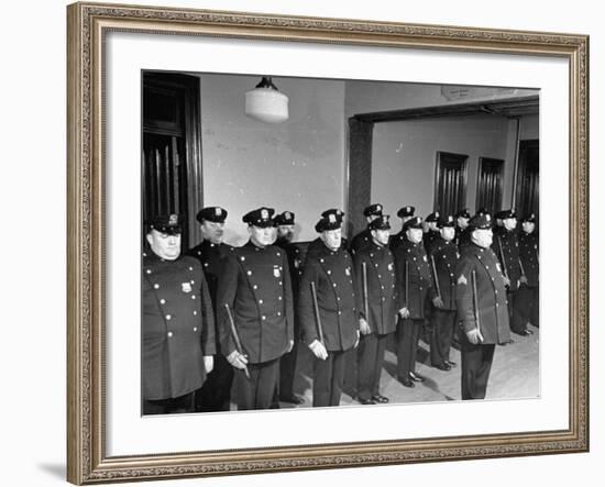 NYPD Officers Lining Up for Roll Call at the 25th Precinct-Carl Mydans-Framed Premium Photographic Print