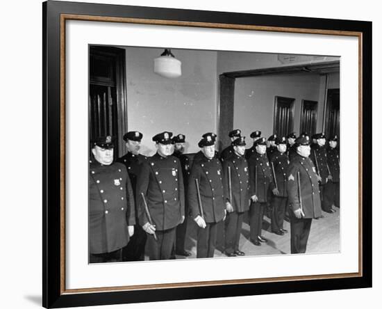 NYPD Officers Lining Up for Roll Call at the 25th Precinct-Carl Mydans-Framed Premium Photographic Print