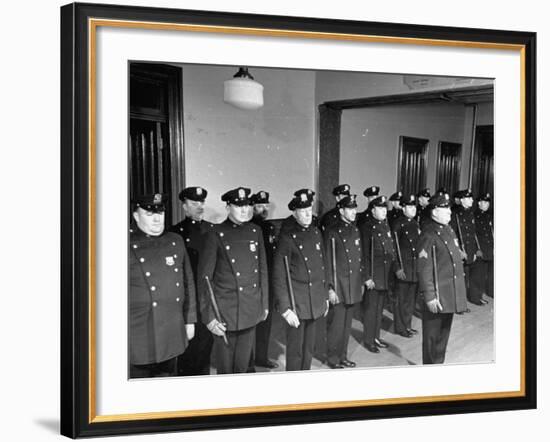 NYPD Officers Lining Up for Roll Call at the 25th Precinct-Carl Mydans-Framed Premium Photographic Print