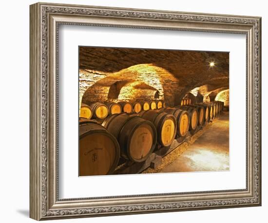 Oak Barrels in Cellar at Domaine Comte Senard, Aloxe-Corton, Bourgogne, France-Per Karlsson-Framed Photographic Print