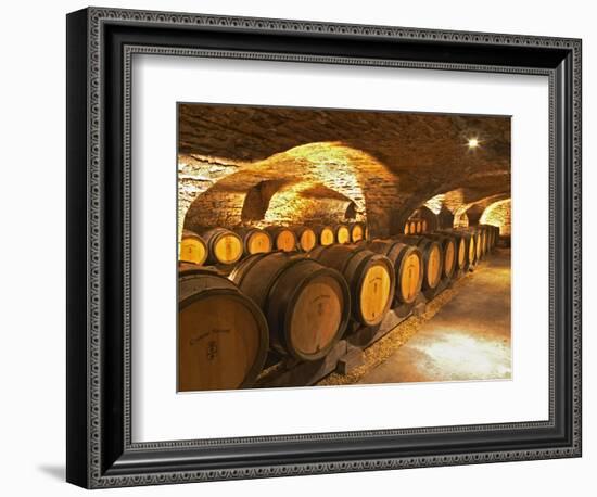 Oak Barrels in Cellar at Domaine Comte Senard, Aloxe-Corton, Bourgogne, France-Per Karlsson-Framed Photographic Print