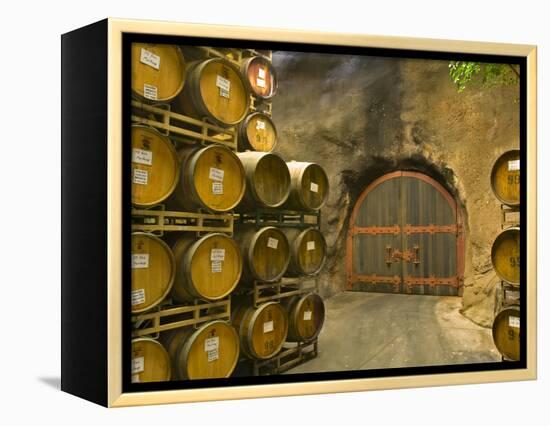 Oak Barrels Stacked Outside of Door at Ironstone Winery, Calaveras County, California, USA-Janis Miglavs-Framed Premier Image Canvas