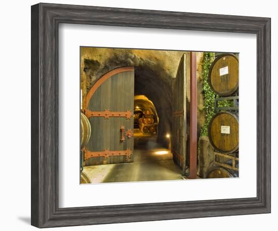 Oak Barrels Stacked Outside of Open Door To Aging Caves at Ironstone Winery, California, USA-Janis Miglavs-Framed Photographic Print