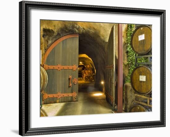 Oak Barrels Stacked Outside of Open Door To Aging Caves at Ironstone Winery, California, USA-Janis Miglavs-Framed Photographic Print