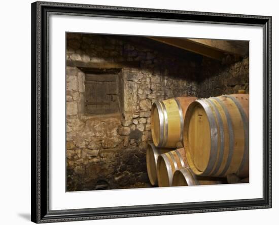 Oak Barrique Barrels with Aging Red Wine, Jute Chateau Belingard, Bergerac, Dordogne, France-Per Karlsson-Framed Photographic Print