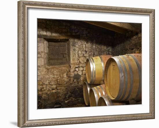 Oak Barrique Barrels with Aging Red Wine, Jute Chateau Belingard, Bergerac, Dordogne, France-Per Karlsson-Framed Photographic Print