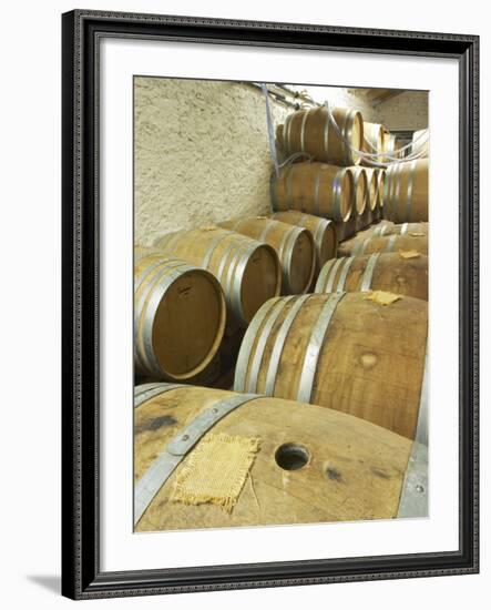 Oak Barrique Barrels with Fermenting White Wine, Jute Chateau Belingard, Bergerac, Dordogne, France-Per Karlsson-Framed Photographic Print