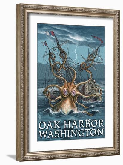 Oak Harbor, Washington - Kraken Attacking Ship-Lantern Press-Framed Art Print