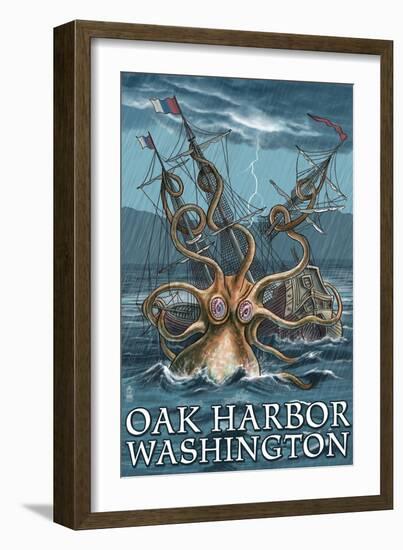 Oak Harbor, Washington - Kraken Attacking Ship-Lantern Press-Framed Art Print
