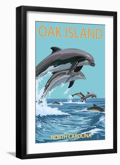 Oak Island, North Carolina - Dolphins Jumping-Lantern Press-Framed Art Print