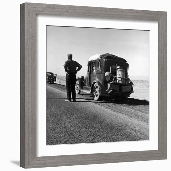Oakie Family Stalled on Desolate Track of Highway in Desert in Southern California-Dorothea Lange-Framed Photographic Print