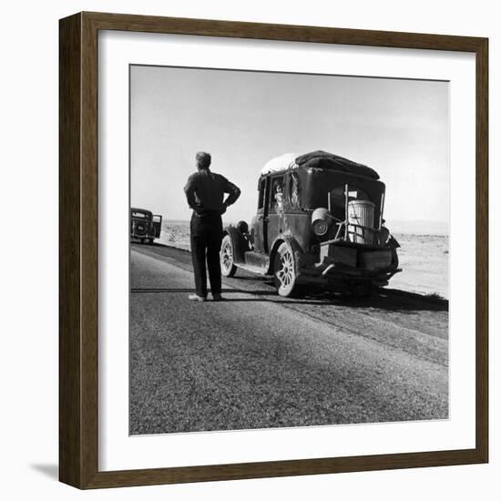 Oakie Family Stalled on Desolate Track of Highway in Desert in Southern California-Dorothea Lange-Framed Photographic Print