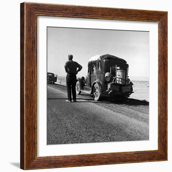 Oakie Family Stalled on Desolate Track of Highway in Desert in Southern California-Dorothea Lange-Framed Photographic Print