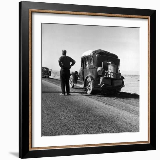 Oakie Family Stalled on Desolate Track of Highway in Desert in Southern California-Dorothea Lange-Framed Photographic Print