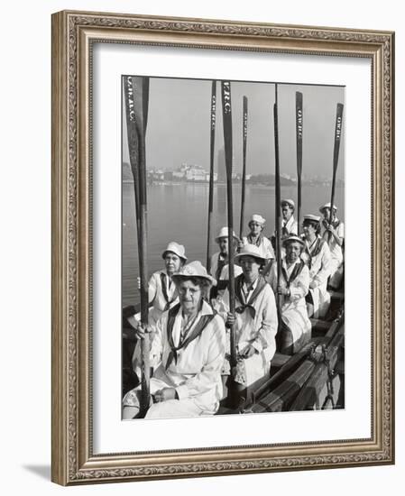 Oakland Women's Rowing Club Comprised of 10 Grandmothers at Lake Merritt Boathouse for Practice-Charles E^ Steinheimer-Framed Photographic Print