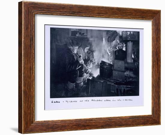 Oates and Meares at the Blubber Stove in the Stables, from Scott's Last Expedition-Herbert Ponting-Framed Photographic Print
