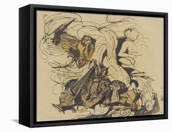 Objets divers, coin de lit à tête d'éléphant et femme nue-Eugene Delacroix-Framed Premier Image Canvas