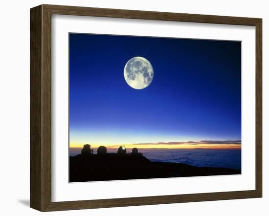 Observatories At Mauna Kea, Hawaii, with Full Moon-David Nunuk-Framed Photographic Print