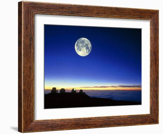 Observatories At Mauna Kea, Hawaii, with Full Moon-David Nunuk-Framed Photographic Print