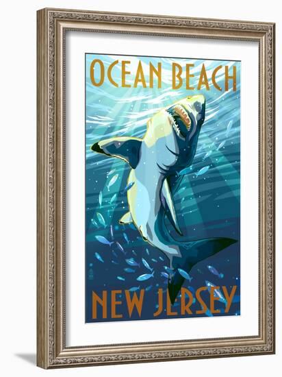 Ocean Beach, New Jersey - Great White Shark-Lantern Press-Framed Art Print