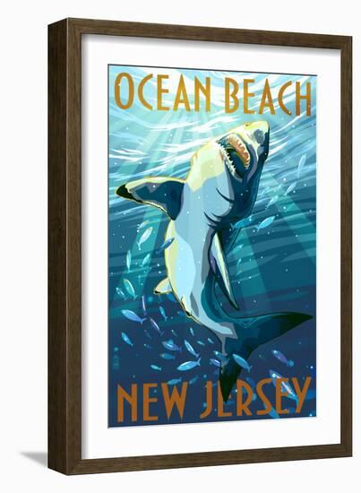 Ocean Beach, New Jersey - Great White Shark-Lantern Press-Framed Art Print